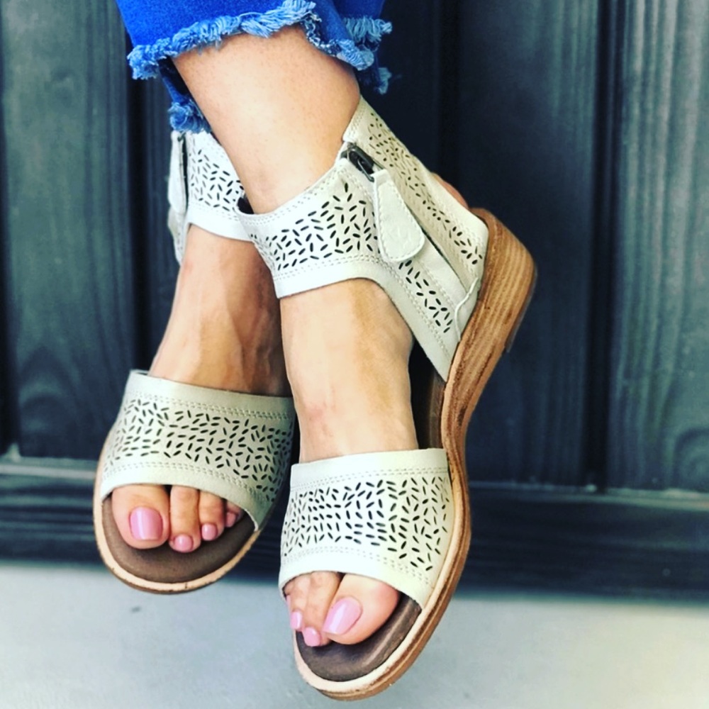 Full Grain Leather Perforated Kitten Wedge Sandal - Picture 2 of 5